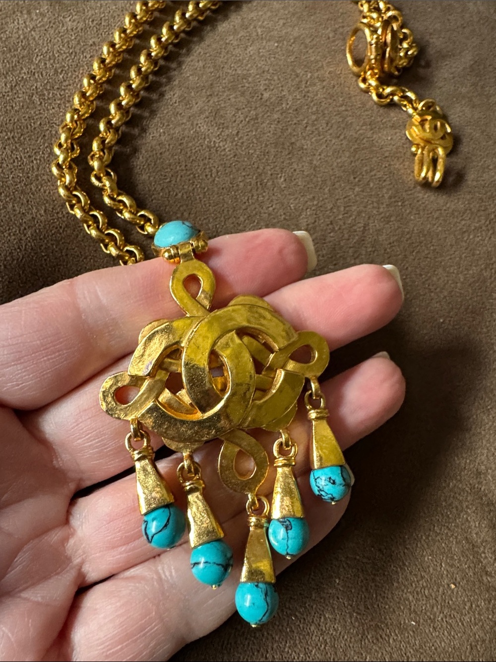 Channel RARE Gold Pendant Necklace w Turquoise Beads A Beauty 24k Gold Plated - Picture 3 of 9